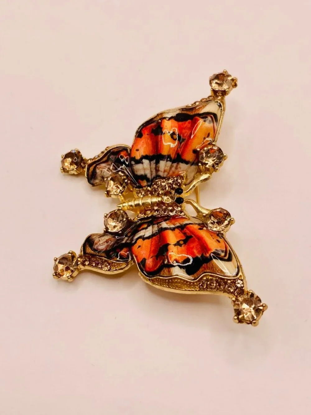 Butterfly Gold-Tone Rhinestone Brooch Vibrant Orange & Black Enamel Wings -47B